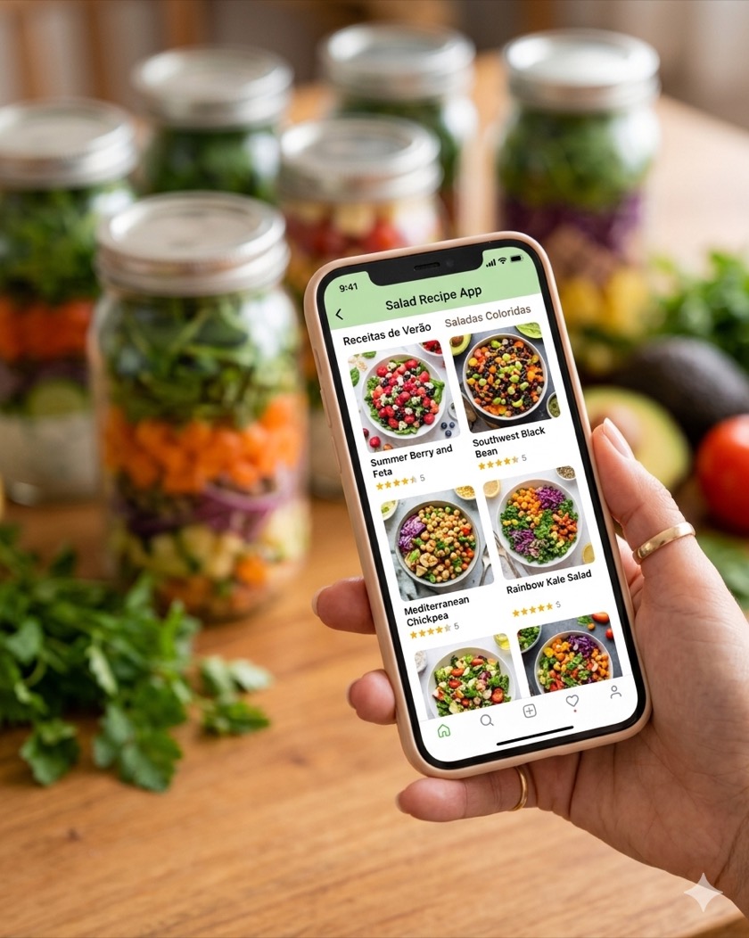 App mostrando recetas de ensaladas en frasco
